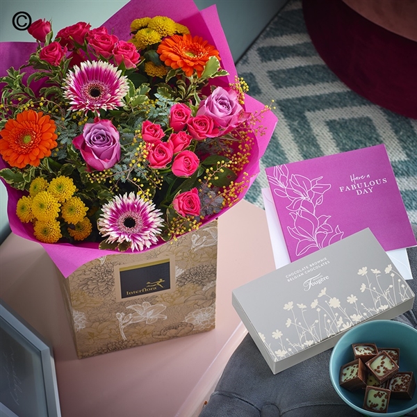 MOTHERS DAY BRIGHTS HAND TIED BUNDLE WITH CHOCOLATES AND CARD